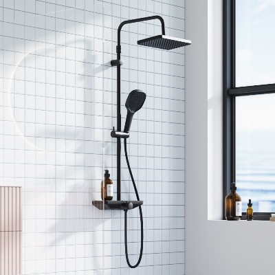 Фото товару Душова система з ванно-душовим змішувачем-полицею і прогресивним картриджем, чорний