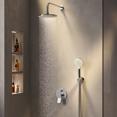 Фото товару Набір: змішувач для ванни і душа, верхній душ з тримачем, душовий набір і шлангове приєднання