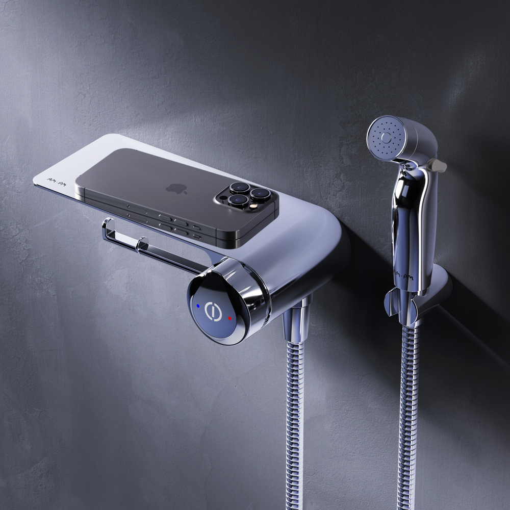 Фото товару Змішувач TouchReel, що монтується в стіну з гігієнічним душем та полицею